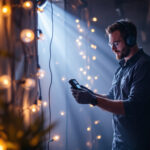 A photograph of a lighting contractor in action