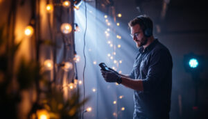 A photograph of a lighting contractor in action