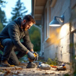 A photograph of a lighting contractor working on an exterior installation