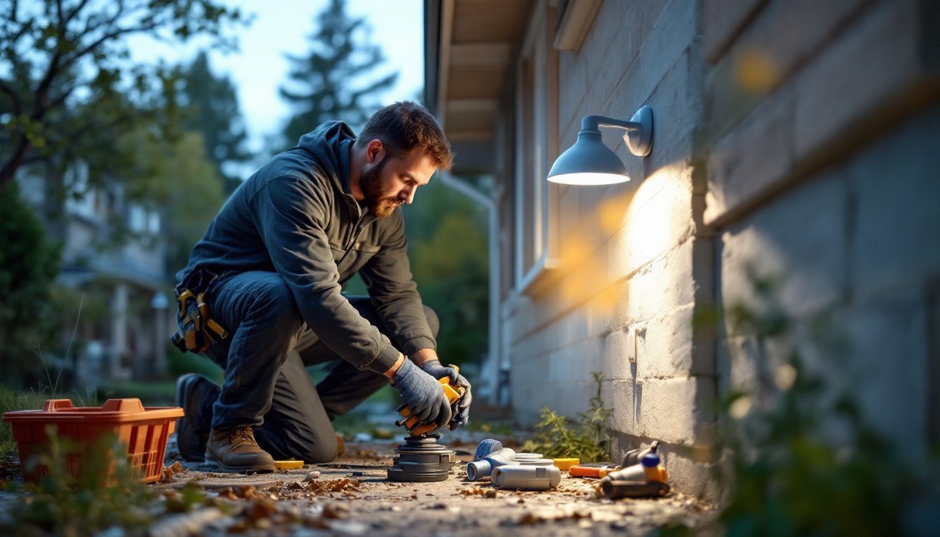 A photograph of a lighting contractor working on an exterior installation
