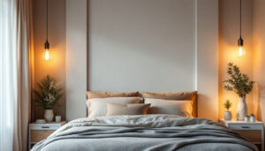 A photograph of a beautifully designed bedroom featuring a variety of stylish ceiling light fixtures