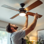 A photograph of a skilled lighting contractor installing or adjusting a stylish ceiling fan in a modern living space
