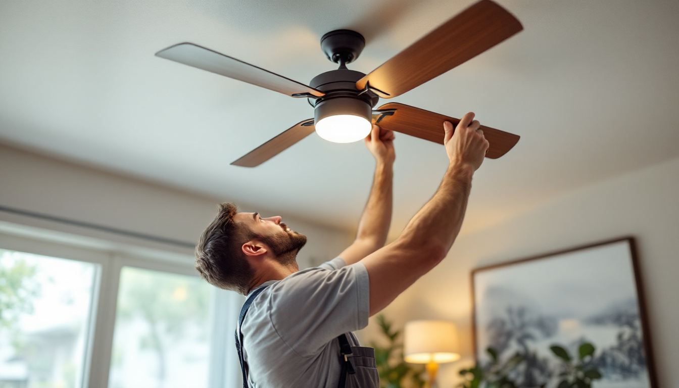 A photograph of a skilled lighting contractor installing or adjusting a stylish ceiling fan in a modern living space