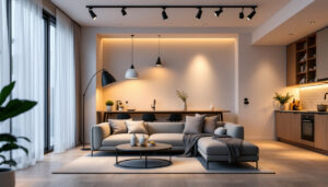 A photograph of a beautifully designed interior space featuring elegant track lighting