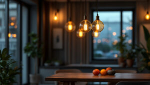 A photograph of a beautifully designed hanging light fixture in a stylish interior setting