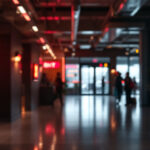 A photograph of a well-lit exit sign in a commercial setting
