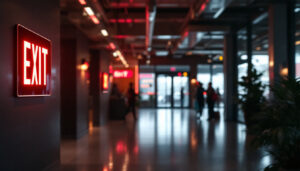 A photograph of a well-lit exit sign in a commercial setting
