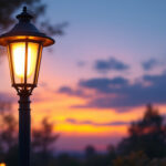A photograph of a beautifully illuminated outdoor light post in a landscaped setting during twilight