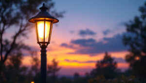 A photograph of a beautifully illuminated outdoor light post in a landscaped setting during twilight