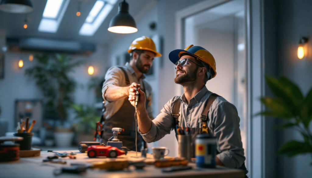 A photograph of a lighting contractor expertly installing a single pole switch in a residential setting