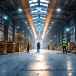 A photograph of a well-lit warehouse interior showcasing modern lighting fixtures and contractors actively collaborating on a project