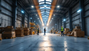 A photograph of a well-lit warehouse interior showcasing modern lighting fixtures and contractors actively collaborating on a project