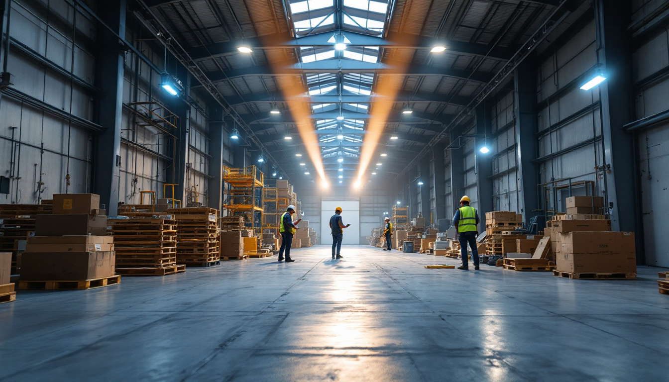 A photograph of a well-lit warehouse interior showcasing modern lighting fixtures and contractors actively collaborating on a project