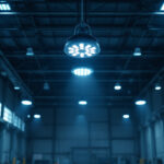 A photograph of a well-lit industrial or commercial space showcasing led high bay lights in action
