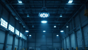 A photograph of a well-lit industrial or commercial space showcasing led high bay lights in action