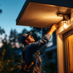 A photograph of a lighting contractor skillfully installing a dusk-to-dawn light fixture in a residential setting