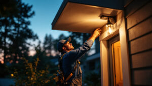 A photograph of a lighting contractor skillfully installing a dusk-to-dawn light fixture in a residential setting