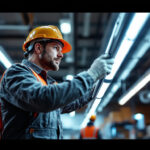 A photograph of a lighting contractor installing or inspecting 8-foot led shop lights in a commercial setting