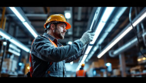 A photograph of a lighting contractor installing or inspecting 8-foot led shop lights in a commercial setting