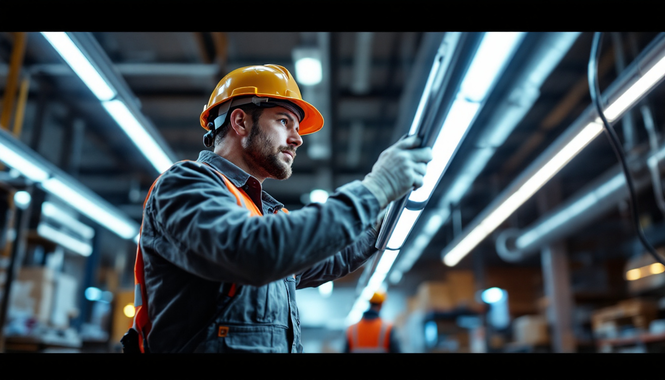 A photograph of a lighting contractor installing or inspecting 8-foot led shop lights in a commercial setting