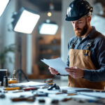 A photograph of a skilled lighting contractor meticulously reviewing a detailed checklist while standing in a well-lit space