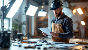 A photograph of a skilled lighting contractor meticulously reviewing a detailed checklist while standing in a well-lit space