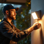 A photograph of a professional lighting contractor installing a motion detector light in a residential setting