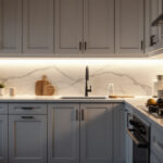 A photograph of a beautifully designed kitchen featuring elegant under cabinet lighting that highlights the countertops and creates a warm