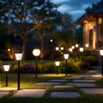 A photograph of a beautifully illuminated outdoor space featuring various styles of solar lights