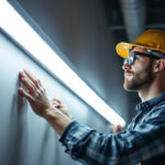 A photograph of a lighting contractor expertly installing tube lights in a modern space
