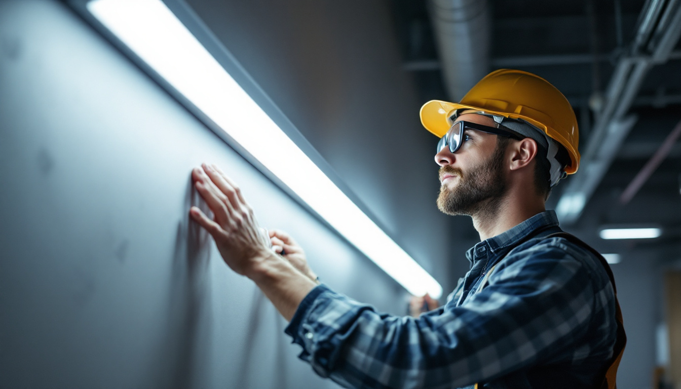 A photograph of a lighting contractor expertly installing tube lights in a modern space