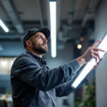 A photograph of a lighting contractor installing or showcasing led tube lights in a modern workspace