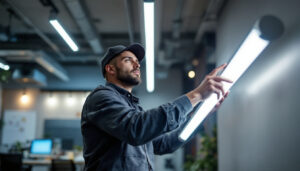A photograph of a lighting contractor installing or showcasing led tube lights in a modern workspace