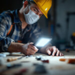 A photograph of a lighting contractor using a bright