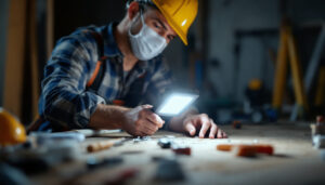 A photograph of a lighting contractor using a bright