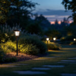 A photograph of a beautifully illuminated outdoor landscape featuring solar landscape lights in various settings