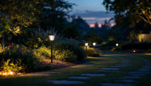 A photograph of a beautifully illuminated outdoor landscape featuring solar landscape lights in various settings
