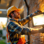 A photograph of a lighting contractor installing a bright