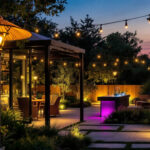 A photograph of a beautifully illuminated outdoor space at dusk