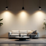 A photograph of a well-lit interior space showcasing various styles of canned lights installed in a modern home