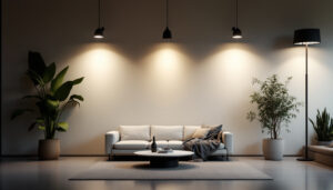 A photograph of a well-lit interior space showcasing various styles of canned lights installed in a modern home