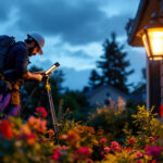 A photograph of a lighting contractor expertly installing outdoor led fixtures in a beautifully landscaped garden at dusk