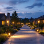 A photograph of a well-lit outdoor space featuring solar-powered lights in various settings