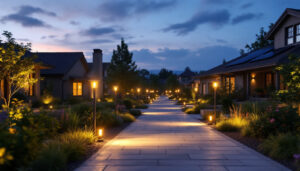 A photograph of a well-lit outdoor space featuring solar-powered lights in various settings