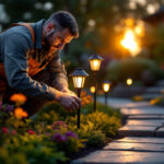 A photograph of a professional lighting contractor installing solar lights in a beautifully landscaped outdoor setting