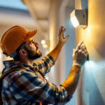 A photograph of a lighting contractor installing a motion detector with a light sensor in a residential or commercial setting