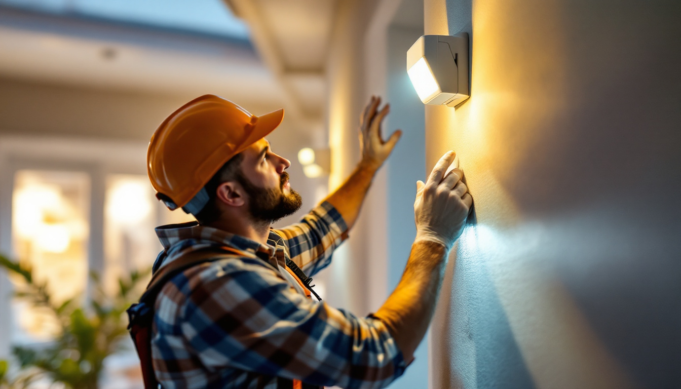 A photograph of a lighting contractor installing a motion detector with a light sensor in a residential or commercial setting