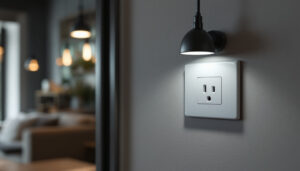 A photograph of a modern receptacle outlet integrated into a stylish interior setting