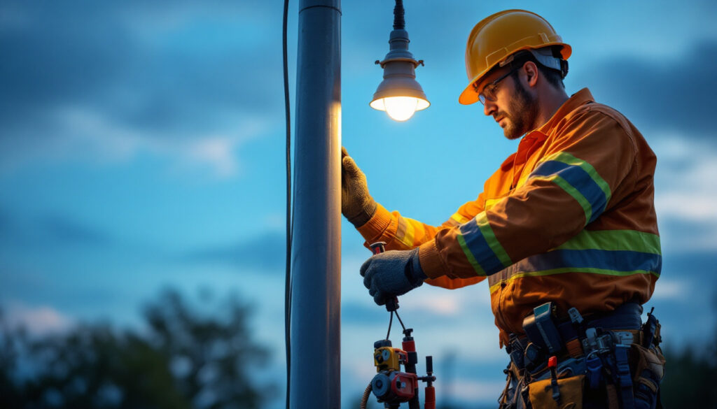 A photograph of a lighting contractor working on a lamp pole installation