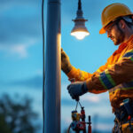 A photograph of a lighting contractor working on a lamp pole installation